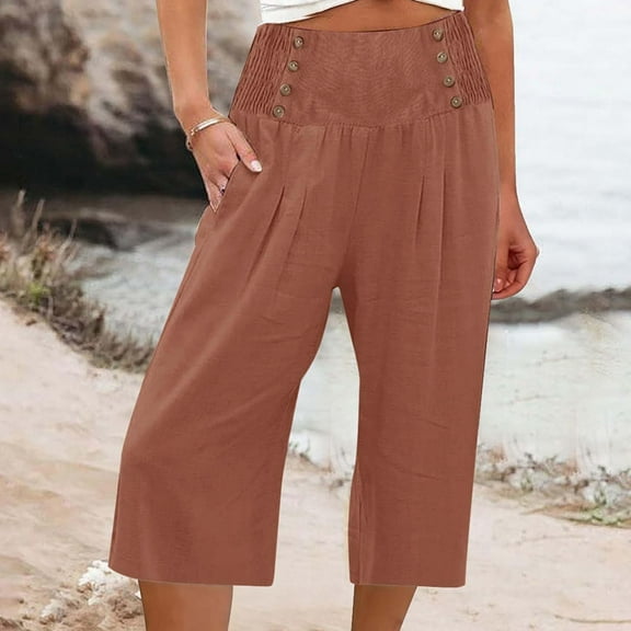 Capri Pants for Women, Xunlbb Women’s Elastic Waist Summer Solid Casual With Pockets Outing Capris Length Pants(Brown,S)