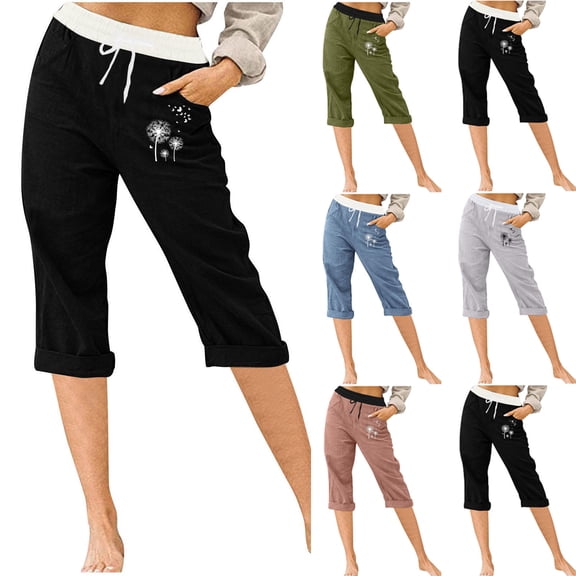 Capri Pants for Women, Xunlbb Women’s Elastic Waist Summer Solid Casual WithPockets Outing Pants Capris(Black,S)