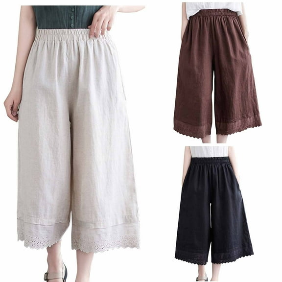 Capri Pants for Women, Xunlbb Women's New And Linen L Lace Lace Lace Solid Color Wide Leg Pants Cropped Pants(Black,M)