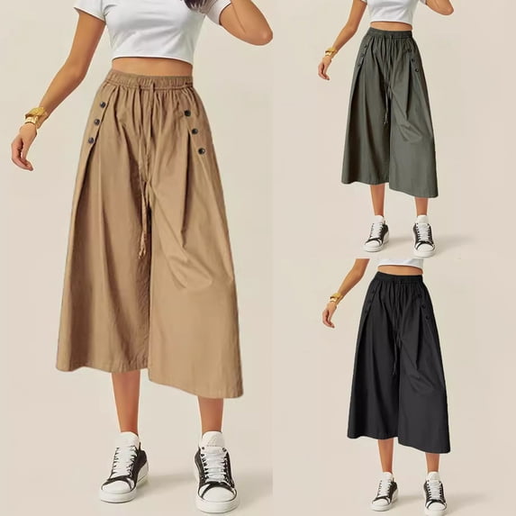 Capri Pants for Women, Xunlbb Women's Oversized Casual Pants Solid Color Wide Leg Pants High Waisted Drawstring Pants Cropped Pants(Black,S)