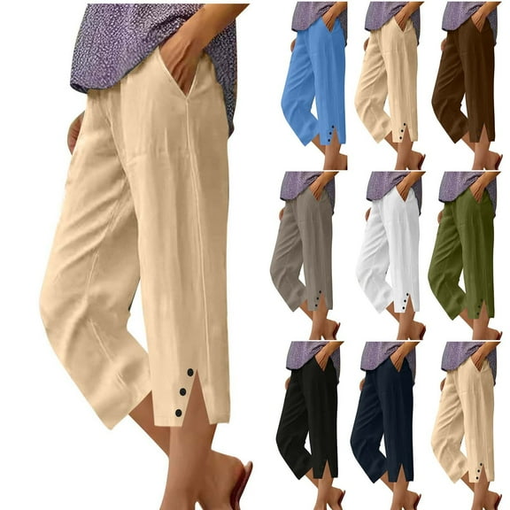 Capri Pants for Women, Xunlbb Women's Summer And Linen Solid Color Pockets Elastic Waist Capris Shorts Pants(Army Green,S)