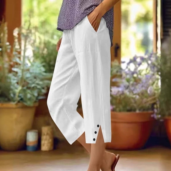 Capri Pants for Women Xunlbb Women's Summer And Linen Solid Color Pockets Elastic Waist Capris Shorts Pants on Clearance,White 2XL