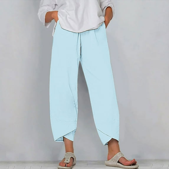 Capri Pants for Women, Xunlbb Women's Summer Comfortable Loose Wide Leg Fashion Solid Color Capris(Light Blue,XXL)