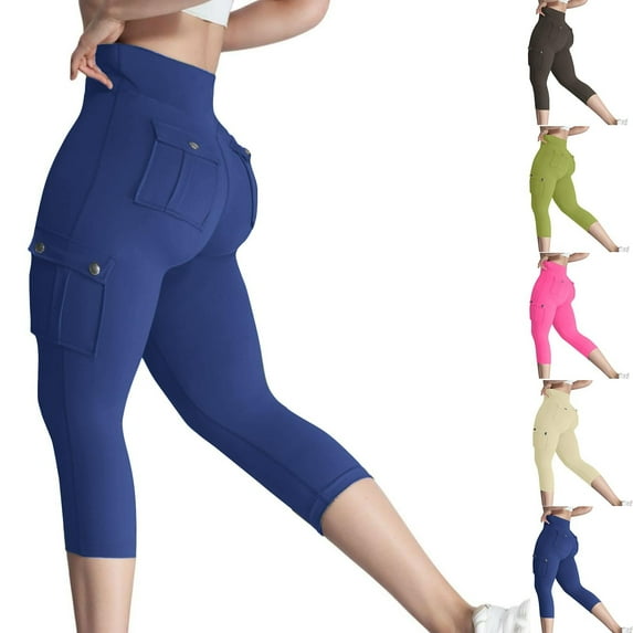 Capri Pants for Women, Xunlbb Womens Casual Solid Elastic High Waist Lifting Leggings Outdoor Fitness Running Climbing Flap Pocket Yoga Pants(Blue,S)