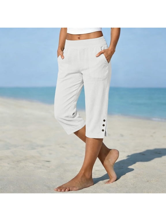 Capri Pants for Women with Pockets Cotton Linen High Waist Split Button Dressy Pant Summer Casual