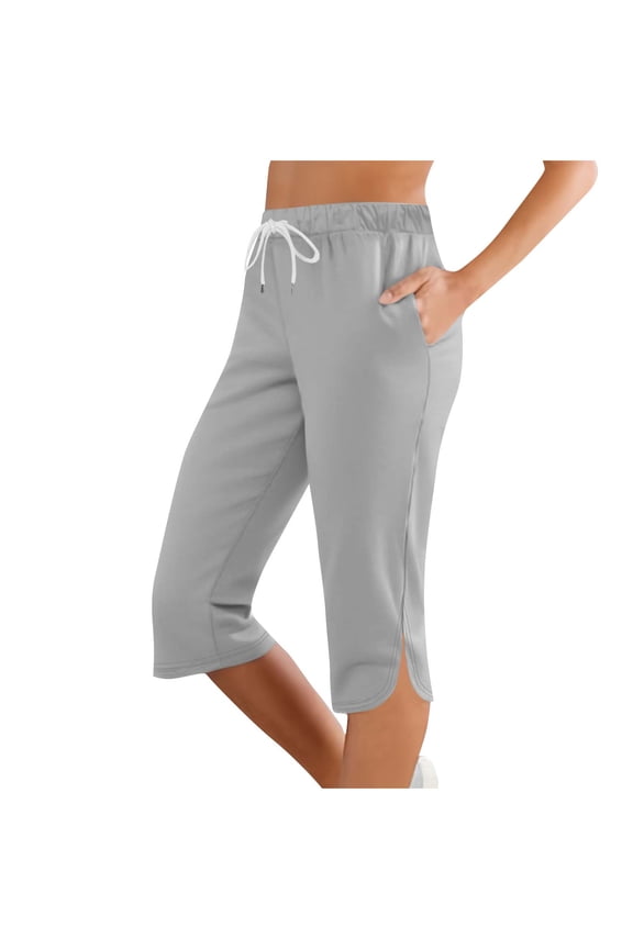 Capri Pants for Women with Pockets Drawstring Elastic Waist Summer Sports Casual Lightweight Capris Sweatpants (S, Gray)