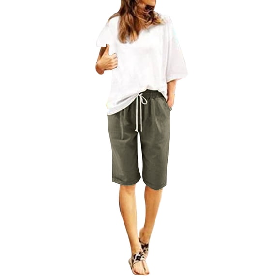 Capri Pants for Women with Pockets Women's Linen Bermuda Shorts Knee Length Casual Summer Linen Capri Shorts Lightweight Beach Pants with Pockets