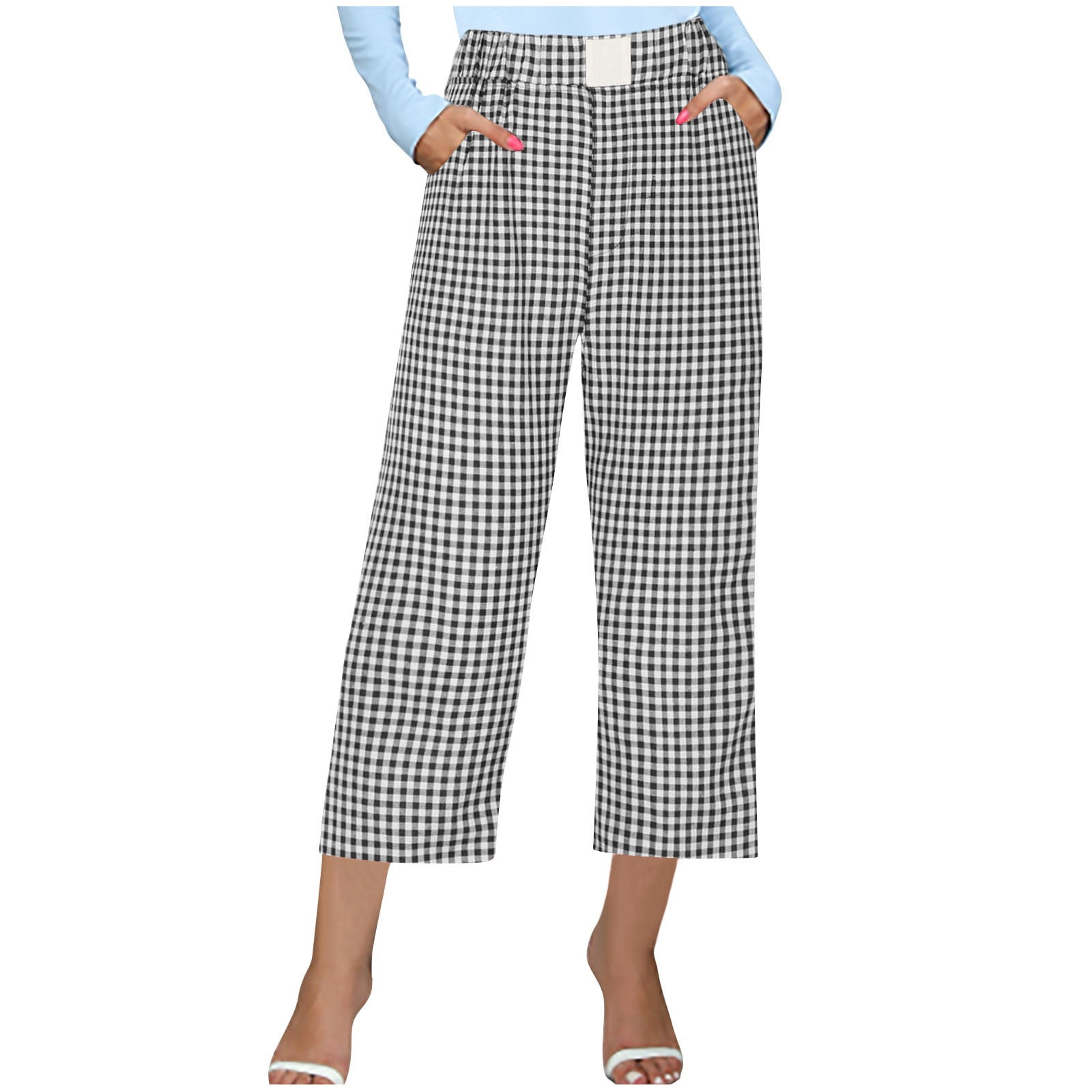 Capri Plaid Pants Women Soft Cozy Cotton Trousers with Pocket