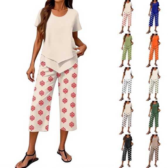 Capri Sets 2 Piece Plus Size Summer Outfits Asymmetric Top with Wide-Leg Cropped Pants