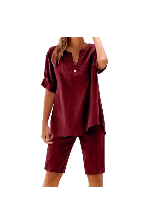 Capri Sets Women 2 Piece Outfits 2025 Two Piece Linen Sets for Women Loose Short Sleeve Button Up V Neck Tops Loungewear