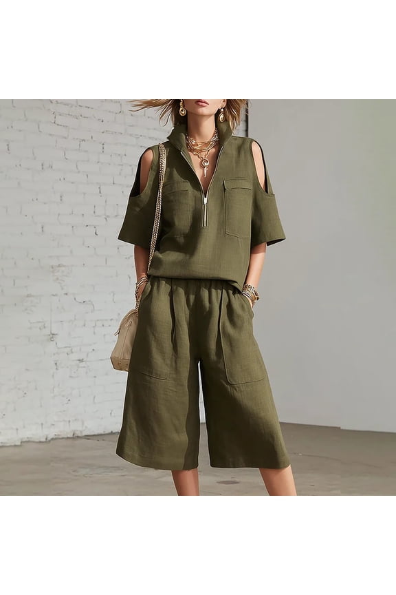 Capri Sets Women 2 Piece Outfits Casual Plus Size Summer Outfit Half Zip Off Shoulder Tunic Shirt and Capri Pants Set Trendy Beach Vacation Wear, Green S