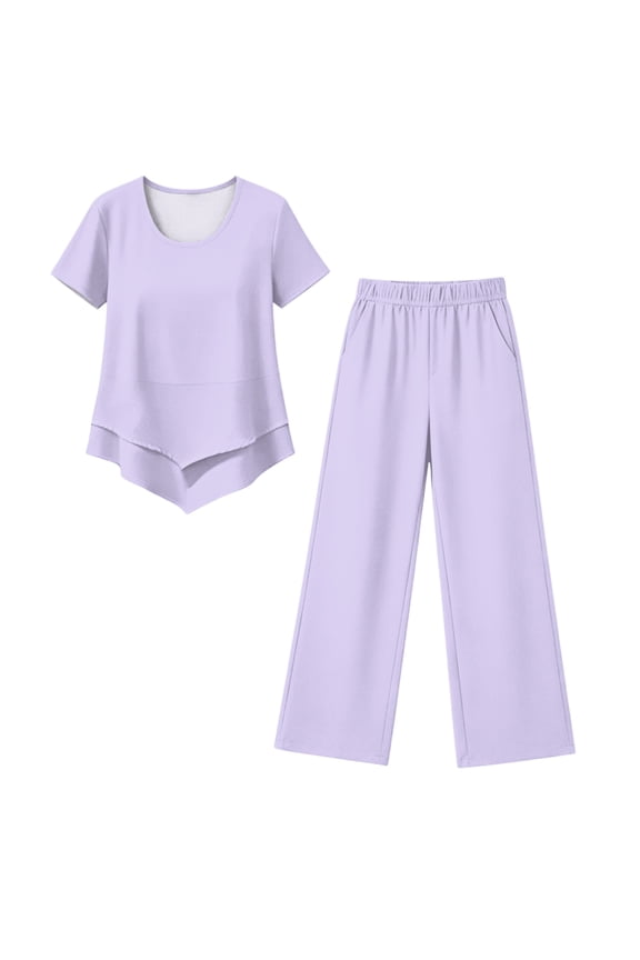 Capri Sets Women 2 Piece Outfits, Summer Wide Leg Capri Pants and Tiered Top Matching Set Purple L