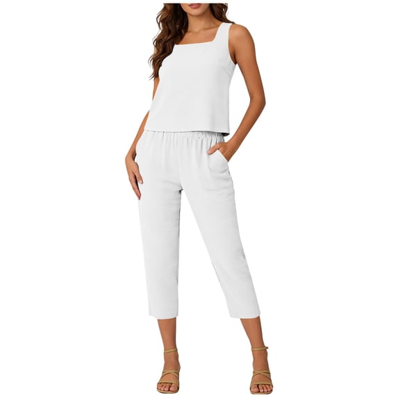 Capri Sets for Women 2 Piece Square Neck Tank Tops Capri Pants Sets Summer Travel Casual Loose Fitting Outfits
