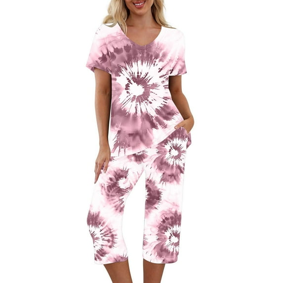 Capri Sets for Women 2 Piece Two Piece Sleepwear Short Sleeve Tie Dye Outfits Graphic Summer Set Womens Pajamas Sets