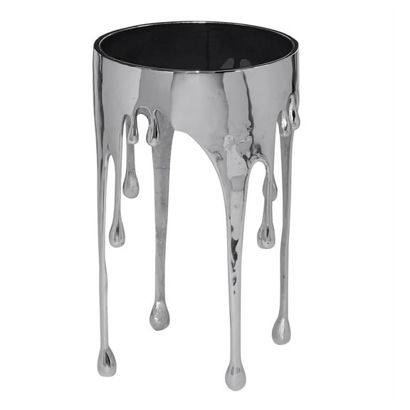 Capri Side End Table | 24.75 Inch Round Glass Top | Melting Drip Design | Nickel Silver