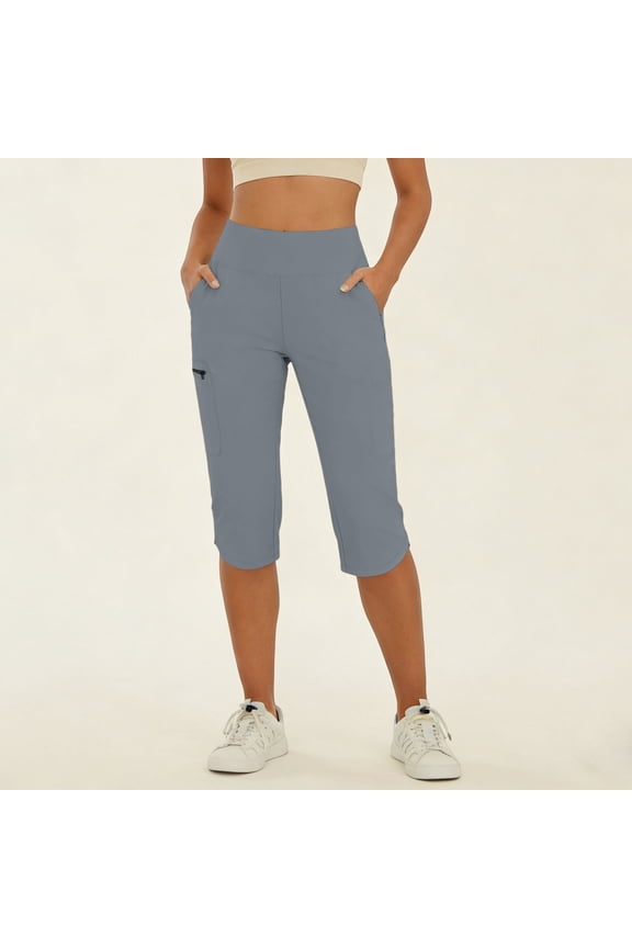 Capri Slim Fit Trousers for Women High Waisted Tummy Control Leggings Stretchy Cropped Yoga Pants Side Cargo Pocket Workout Activewear