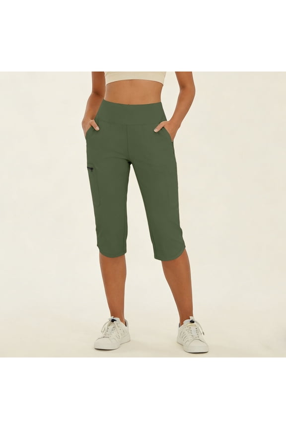 Capri Slim Fit Trousers for Women High Waisted Tummy Control Leggings Stretchy Cropped Yoga Pants Side Cargo Pocket Workout Activewear