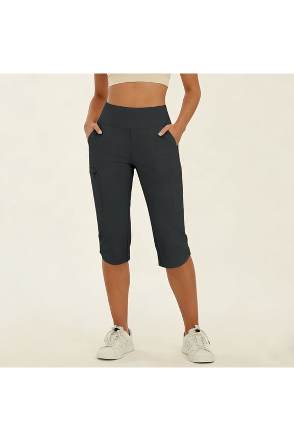 Capri Slim Fit Trousers for Women High Waisted Tummy Control Leggings Stretchy Cropped Yoga Pants Side Cargo Pocket Workout Activewear
