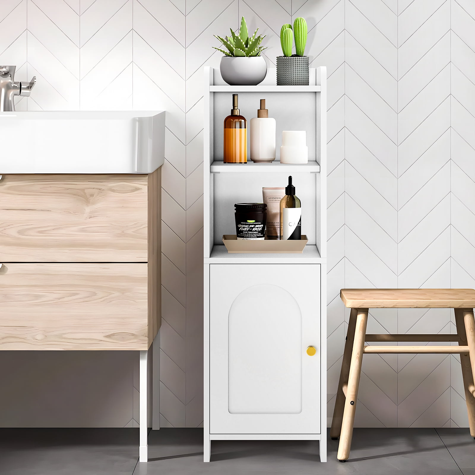 Capri Small Bathroom Storage Cabinet, Narrow Toilet Paper Cabinet with Adjustable Shelves and Door, Free-Standing Bathroom Corner Floor Cabinet, Bathroom Storage Organizer for Small Space, White