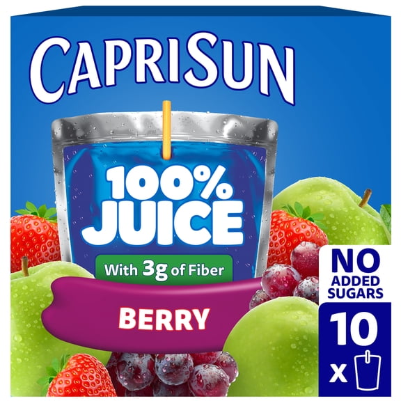 Capri Sun 100% Juice Blend from Concentrate Juice Boxes, 10 Pouches, for School Lunches and On-the-Go Hydration, Berry with Added Ingredients and Other Natural Flavor, All Natural Ingredients, 6 oz