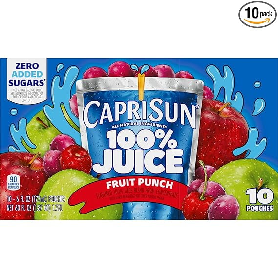 Capri Sun 100% Juice Fruit Punch Flavored All-Natural Juice Blend, 10 ct Box, 6 fl oz Pouches