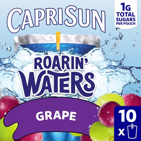 Capri Sun Roarin' Waters Flavored Water Beverage, 10 Pouches, for School Lunches and On-the-Go Hydration, Grape Natural Flavor with Other Natural Flavor, All Natural Ingredients, 6 oz