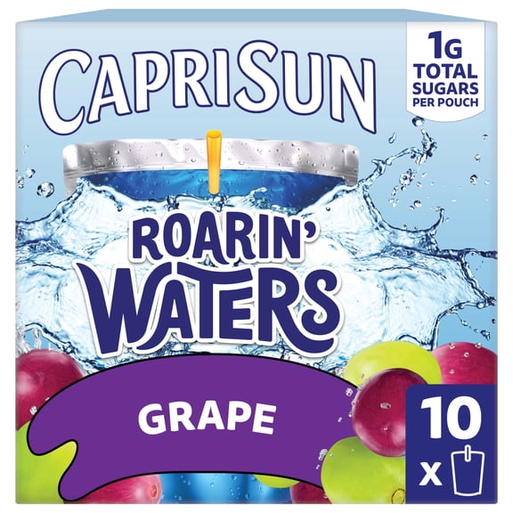 Capri Sun Roarin' Waters Flavored Water Beverage, 10 Pouches, for School Lunches and On-the-Go Hydration, Grape Natural Flavor with Other Natural Flavor, All Natural Ingredients, 6 oz