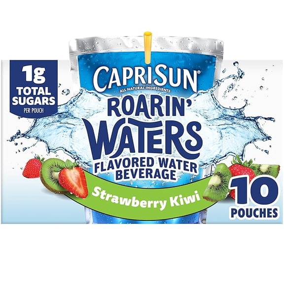 Capri Sun Roarin' Waters Strawberry Kiwi Flavored with other natural flavor Water Beverage, 10 ct Box, 6 fl oz Drink Pouches