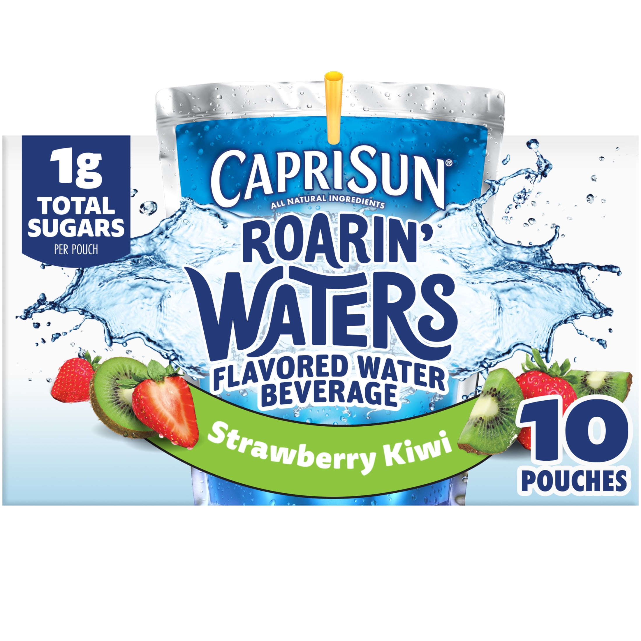 Capri Sun Roarin' Waters Strawberry Kiwi Surf Flavored Water Kids Drink Pouches, 10 Ct Box, 6 fl oz Pouches, Crisp, Light, Thin