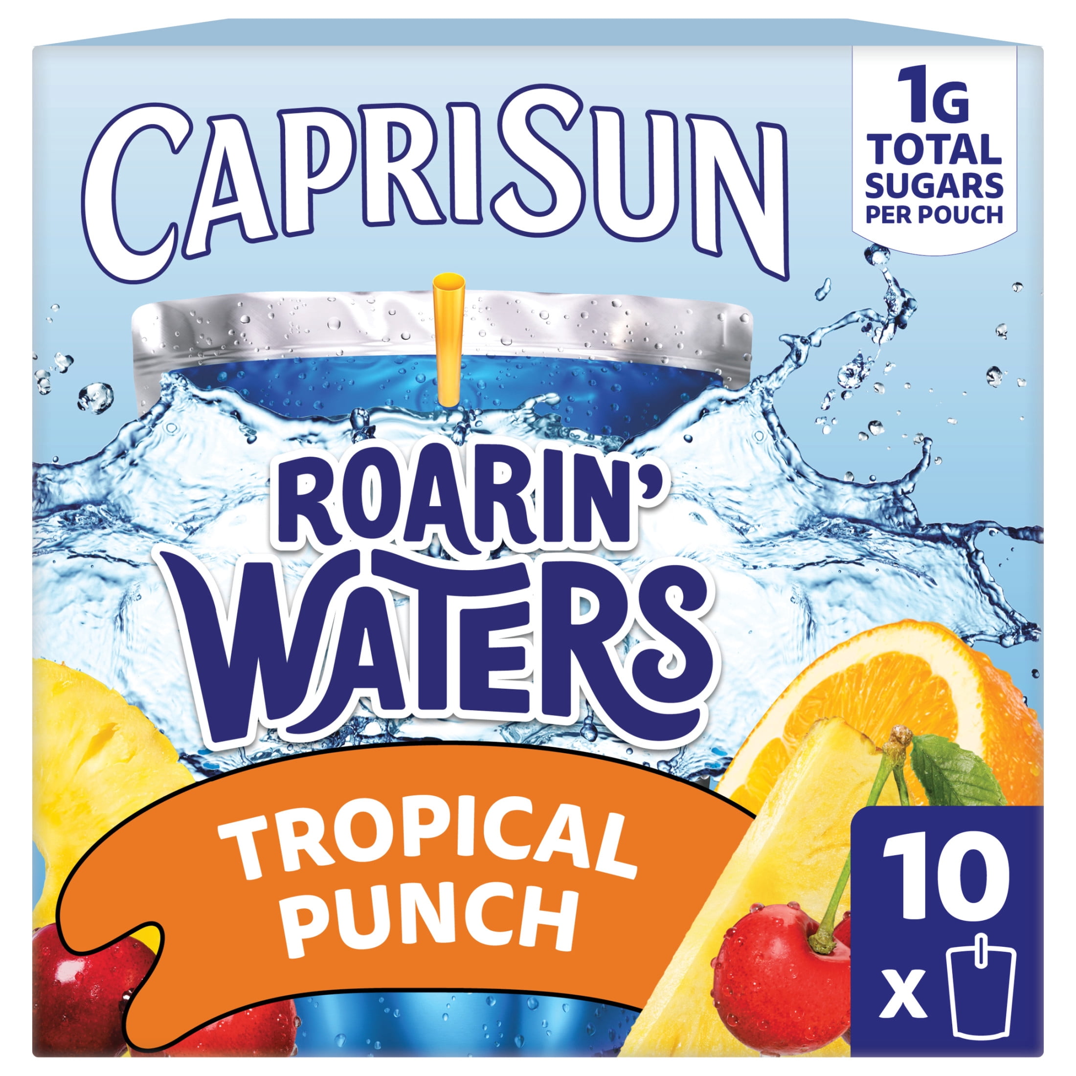 Capri Sun Roarin' Waters Flavored Water Beverage, 10 Pouches, for School Lunches and On-the-Go Hydration, Tropical Punch Natural Flavor with Other Natural Flavor, All Natural Ingredients, 6 oz