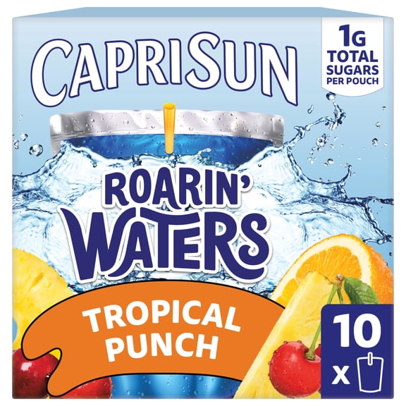 Capri Sun Roarin' Waters Flavored Water Beverage, 10 Pouches, for School Lunches and On-the-Go Hydration, Tropical Punch Natural Flavor with Other Natural Flavor, All Natural Ingredients, 6 oz