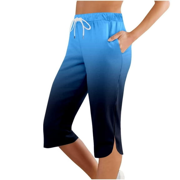 Capri Sweatpants for Women, Audhol Leggings for Women with Pockets Knee Length Petite Summer Lightweight High Waisted Athletic Workout Yoga Pants Women's Capris Blue M