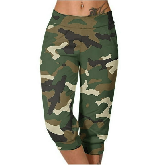 Capri Sweatpants for Women Summer Casual Outdoor Pull-Up Camo Print Joggers Trousers with Pocket Wide Leg Workout Pants, Multicolor, M
