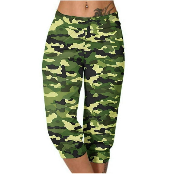 Capri Sweatpants for Women Summer Casual Outdoor Pull-Up Camo Print Joggers Trousers with Pocket Wide Leg Workout Pants, Multicolor, XXXL