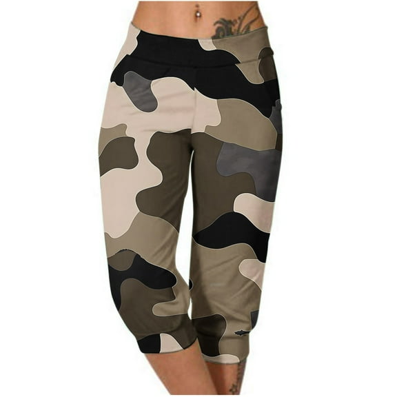 Capri Sweatpants for Women Summer Casual Outdoor Pull-Up Camo Print Joggers Trousers with Pocket Wide Leg Workout Pants, Multicolor, XXXL