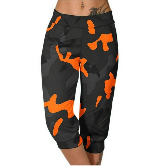 Capri Sweatpants for Women Summer Casual Outdoor Pull-Up Camo Print Joggers Trousers with Pocket Wide Leg Workout Pants, Multicolor, XXXL
