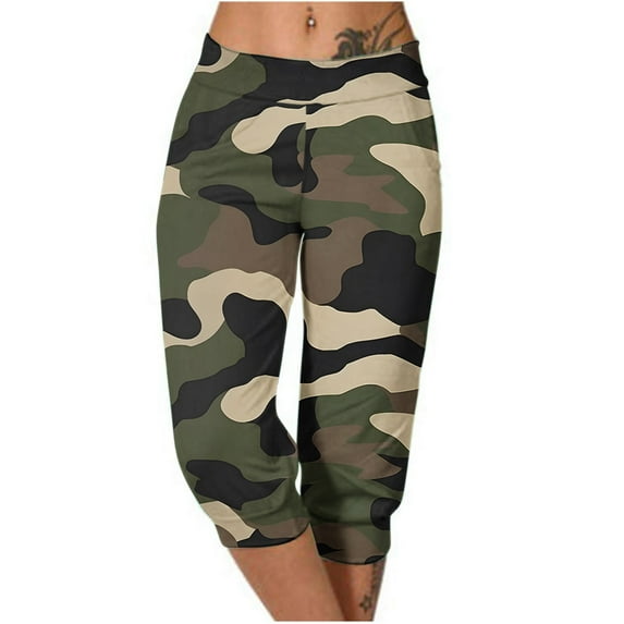 Capri Sweatpants for Women Summer Casual Outdoor Pull-Up Camo Print Joggers Trousers with Pocket Wide Leg Workout Pants, Multicolor, XXXL