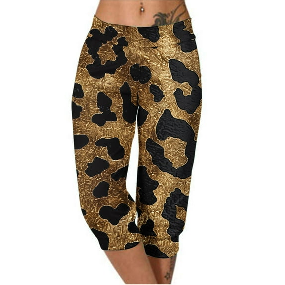Capri Sweatpants for Women Summer Casual Outdoor Pull-Up Leopard Print Joggers Trousers with Pocket Wide Leg Workout Pants, Multicolor, XL