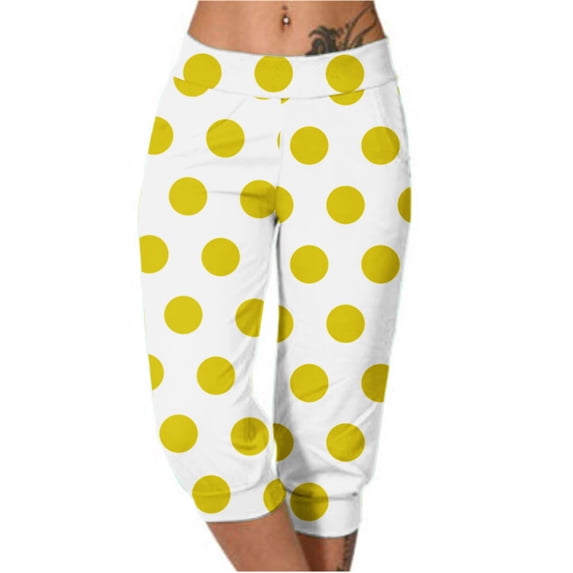 Capri Sweatpants for Women Summer Casual Outdoor Pull-Up Point Print Joggers Trousers with Pocket Wide Leg Workout Pants, Yellow, XXL