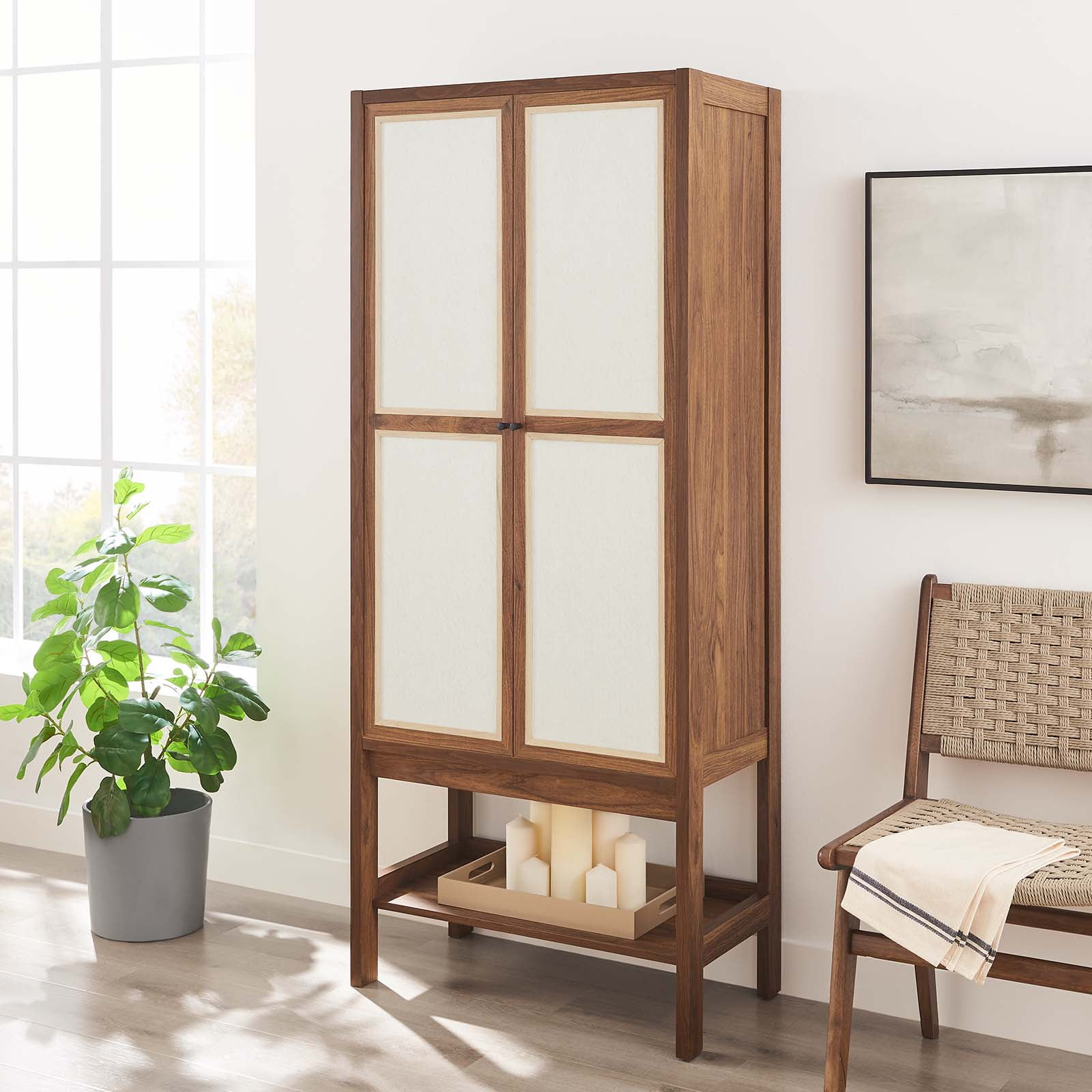 Capri Tall Walnut Wood Grain Freestanding Storage Cabinet with Linen Doors