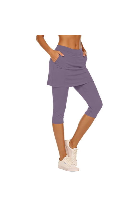 Capri Tennis Skirted Leggings for Women with Pockets Tennis Yoga Solid Stretchy Cropped Pants Pickleball Clothing