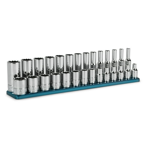 Capri Tools 1/4 in. Drive 12-Point Shallow and Deep Socket Set, Metric, 4 to 15 mm, 28-Piece with Billet Aluminum Socket Rail