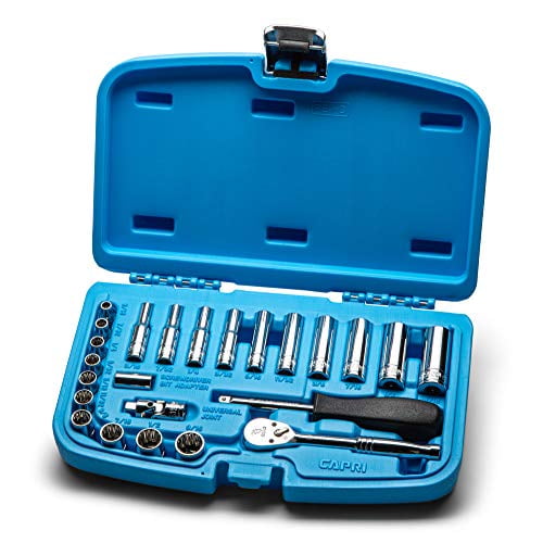 Capri Tools 1/4 in. Drive 12-Point Socket Set, 3/16 to 9/16 in., Shallow and Deep with Ratchet and Adapters, SAE, 24-Piece
