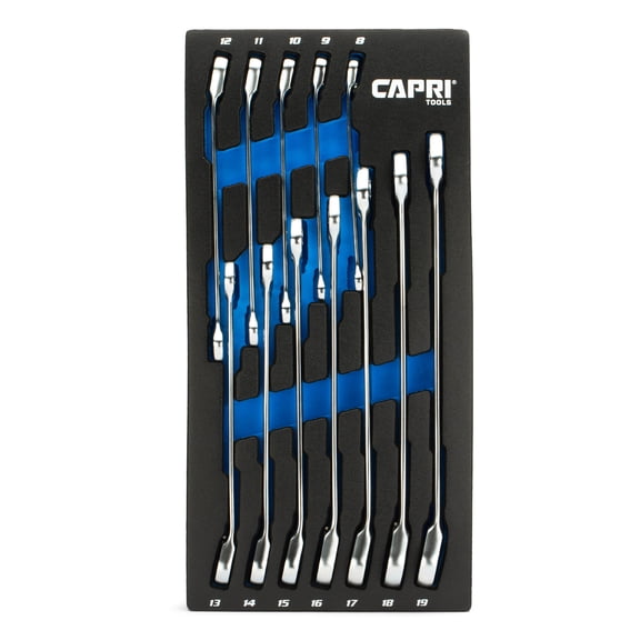 Capri Tools 120-Tooth Ultra-Smooth Reversible Ratcheting Wrenches Set, XL Long Series, 12-Point, 8 to 19 mm, 12-Piece with Merchanic's Tray