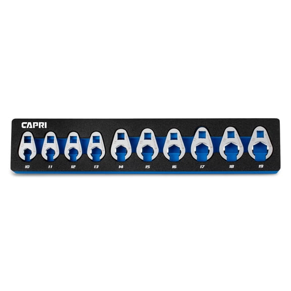 Capri Tools 3/8 in. Drive Flare Nut Crowfoot Wrench Set, 6-Point, Metric, 10 to 19 mm, 10-Piece with Mechanic's Tray