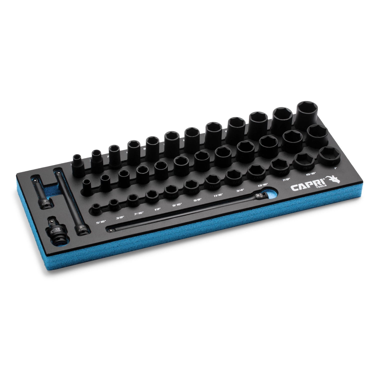 Capri Tools 3/8 in. Drive Master Shallow, Semi-Deep and Deep Impact Socket Set with Extensions and Universal Joint, SAE, 5/16 to 1 in., 40-Piece with Mechanic's Tray