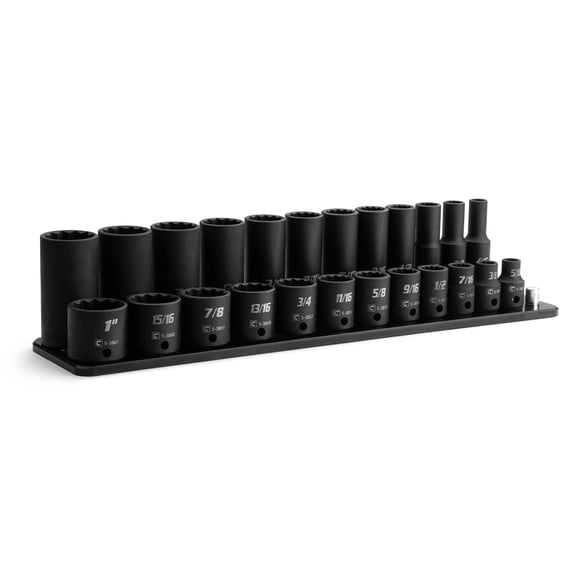 Capri Tools 3/8 in. Drive Shallow and Deep Impact Socket Set, 12-Point, SAE, 5/16 to 1 in., 24-Piece with Black Billet Aluminum Socket Rail