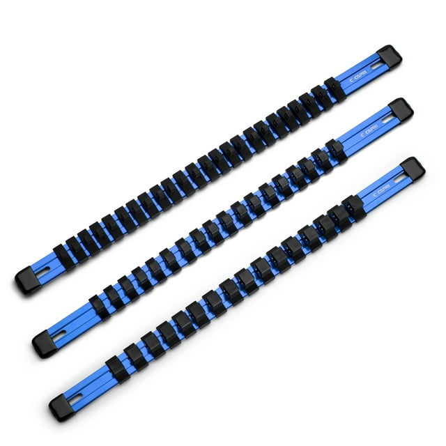 Capri Tools Aluminum Socket Rail Set, 1/4", 3/8" and 1/2" Drive, 17" Long, Blue, 3-Piece Rail with 58 Socket Clips