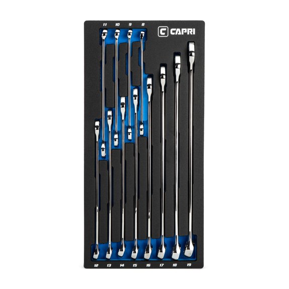 Capri Tools WaveDrive Pro Combination Wrench Set for Regular and Rounded Bolts, 8 to 19 mm, Metric, 12-Piece with The Mechanics Tray