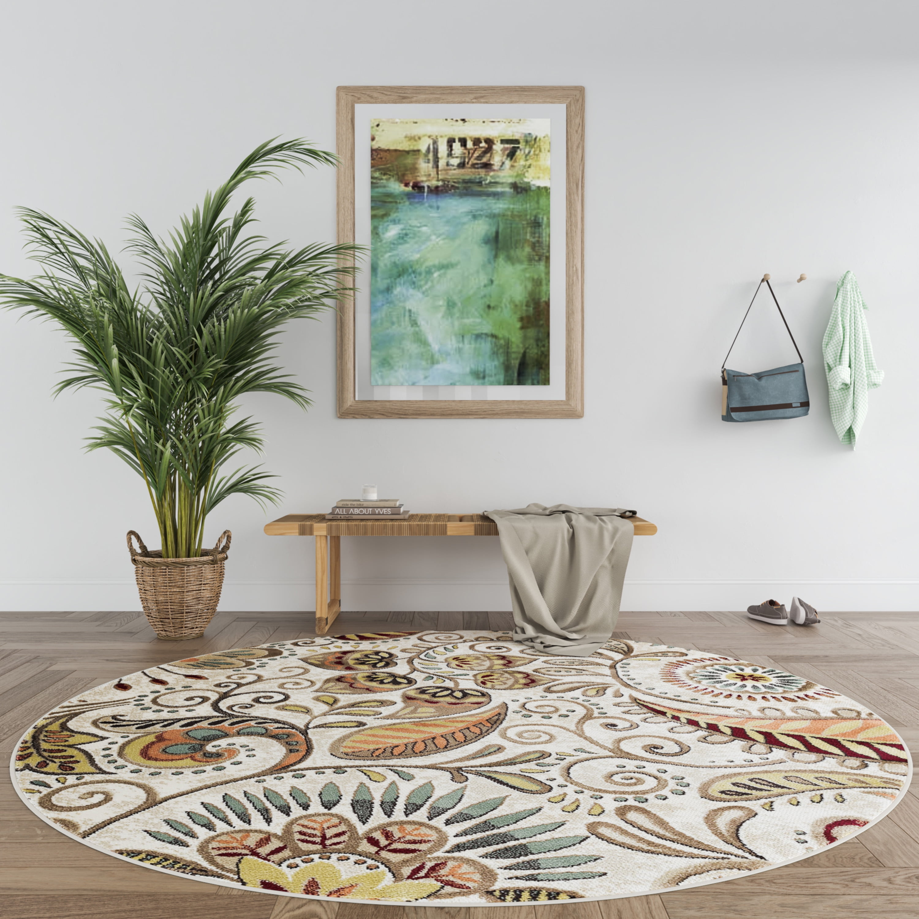 Capri Transitional 5' Round Ivory and Beige Polypropylene Indoor Area Rug